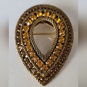 Vintage Goldtone Amber Rhinestone Brooch